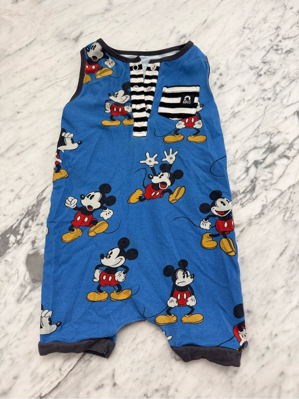 EXCELLENT Rags Disney Blue Mickey Mouse Sleeveless Kids Romper 12-18 mo